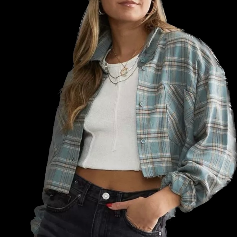 Blue Blush Plaid Cropped Flannel Shirt